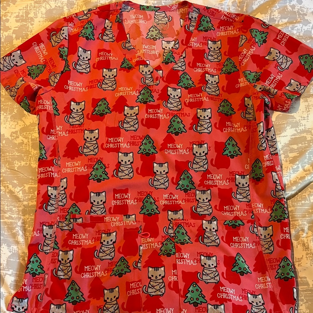 Festive Cat Print Scrub Top Size Small